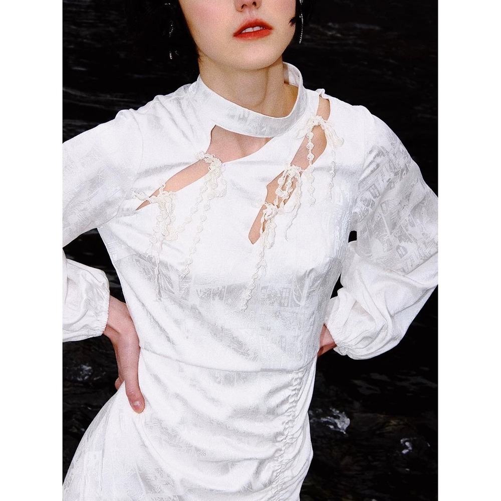 Morn Isle White Jacquard Ruched Cutout Mock Neck Long Sleeve Mini Dress L‎